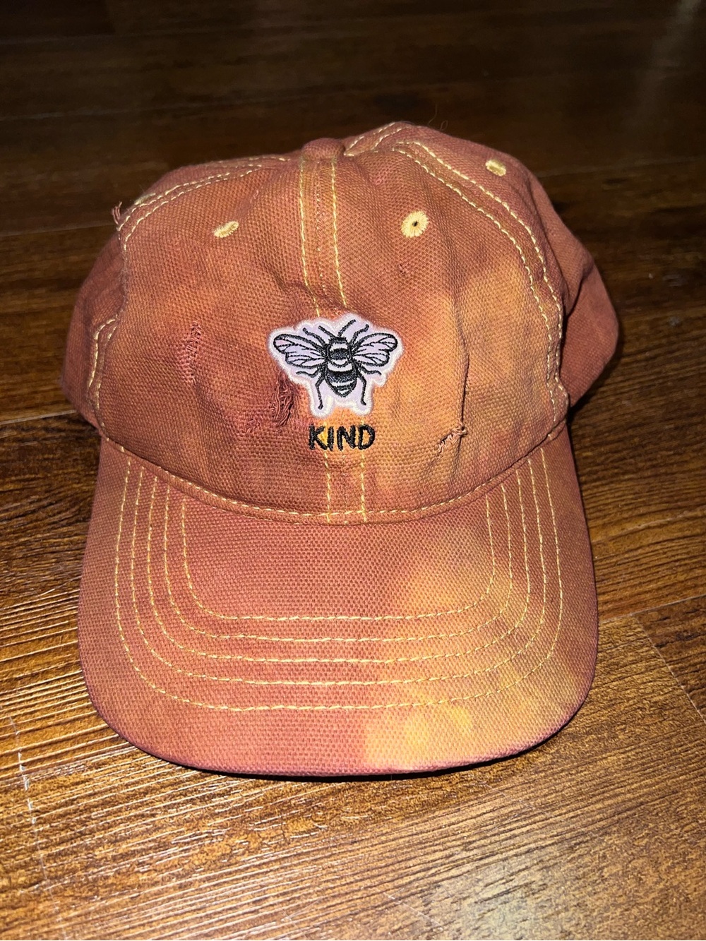 Bee Kind Brown Orange Tie Dye Distressed Embroidered Hat One Size